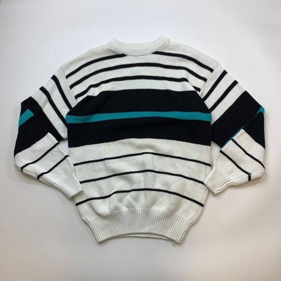 American Weekend Sweater Mens XL Extra Large White Striped Ribbed Trim Crew Neck - Picture 2 of 8